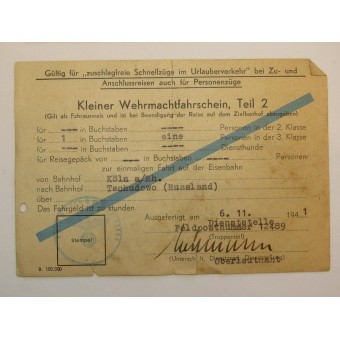 Wehrmacht soldiers ticket to the train from Wolchow front to home in Köln. Espenlaub militaria